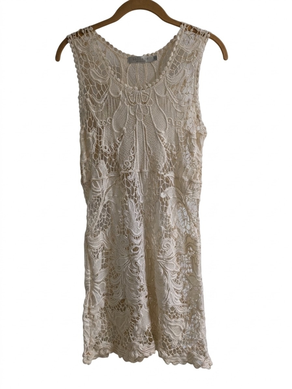 Solitaire Ravi Khosla Cream Crochet Lace Mini Dress Medium Boho Coverup Coastal